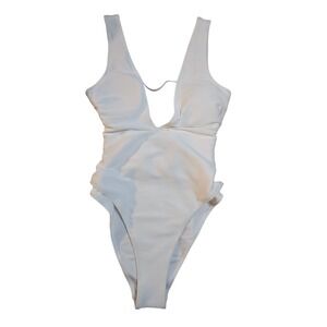 White Ribbed V-Neck One Piece Swimsuit O-Ring Back‎ High Cut Monokini
